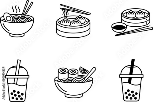 A collection of black and white line art icons representing popular asian food and drink items Vector, illustration