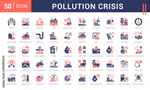 Pollution Crisis Icon Set. air pollution, water pollution, plastic pollution, oil spill, microplastic pollution and more. Glyph Dual Tone Style vector icons collection.