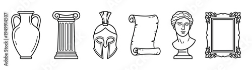 Set of ancient history line icons featuring an amphora, ionic column, spartan helmet, parchment scroll, classical bust, and ornate frame in a minimalist black and white style