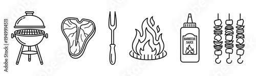 Set of black outline barbecue icons featuring a kettle grill, T-bone steak, carving fork, fire, sauce bottle, and kebab skewers in a simple minimalist line art style