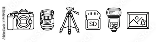 Set of black photography equipment icons in a minimalist line art style, including a camera, lens, tripod, memory card, flash, and a framed picture