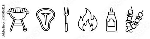 Set of black line art icons for barbecue and grilling themes, featuring a kettle grill, T-bone steak, carving fork, flame, sauce bottle, and shish kebab skewers