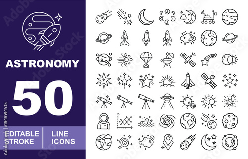 Astronomy & Space Exploration Icons. Editable stroke vector icons for cosmic discovery. Featuring galaxy planets, moon phases, space rockets, telescopes, satellites, star constellations, and asteroids