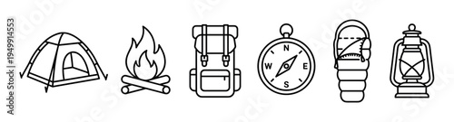 Set of black camping and hiking line art icons featuring a tent, campfire, backpack, compass, sleeping bag, and lantern for outdoor adventure and travel concepts