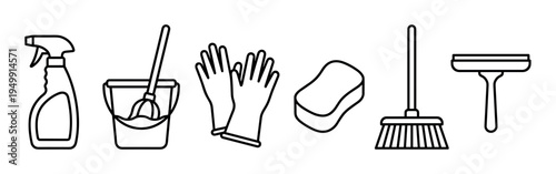 Set of minimalist cleaning supply icons drawn in a simple black outline style, featuring a spray bottle, mop, bucket, gloves, sponge, broom, and a window squeegee