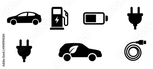 Set of black icons comparing electric cars and gasoline vehicles with symbols for fuel, charging, battery, and plugs in a clean, minimalist vector style