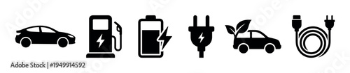Set of black electric vehicle icons showing a car, charging station, battery, plug, and eco-friendly transport symbols for sustainable mobility and green energy concepts