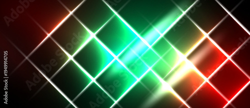 Bright abstract background features intersecting lines, vibrant colors. Red, green, cyan hues create dynamic visual effect. Light radiates from center.