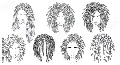 Collection of Diverse Dreadlock Hairstyles - Black and White Line Art