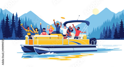 Diverse group of friends celebrating on a pontoon boat, enjoying a summer day.