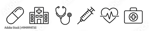 Set of black linear medical icons including a pill, hospital, stethoscope, syringe, heartbeat, and first aid kit for healthcare and medicine concepts in a minimalist graphic style
