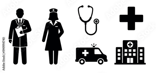 Collection of black silhouette medical icons showing a doctor, nurse, stethoscope, ambulance, hospital, and a plus sign symbol for healthcare and emergency concepts