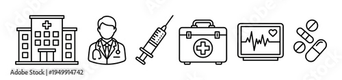 Collection of six medical line icons including a hospital, doctor, injection, first aid kit, cardiogram, and pills, representing healthcare and emergency services
