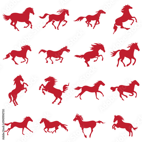 Running Horses icon Chinese Calligraphy design. Collection of black horse silhouettes in dynamic poses, ideal for logos, branding, tattoos, and equestrian or western themed designs.