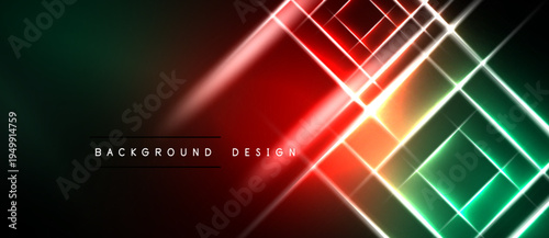 Abstract neon lines create dynamic background. Red, green, white gradients blend into dark space. Modern design element.