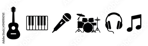 Collection of black music icons featuring a guitar, piano, microphone, drums, headphones, and a musical note in a minimalist flat vector style for audio and entertainment concepts