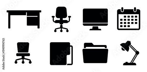 Set of black office equipment icons featuring a desk, chair, computer, calendar, folder, and lamp in a minimalist glyph style for business and work concepts