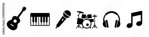 Set of black musical instrument icons featuring a guitar, piano keyboard, microphone, drum kit, headphones, and a note, presented in a simple minimalist graphic style