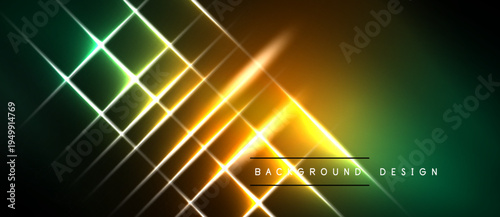 Abstract neon lines create dynamic grid pattern. Vibrant colors blend, forming futuristic background design. Dark areas emphasize bright illumination.