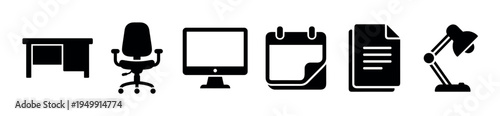 Set of black office icons featuring a desk, chair, computer, calendar, document, and lamp in a minimalist glyph style for business and workplace concepts