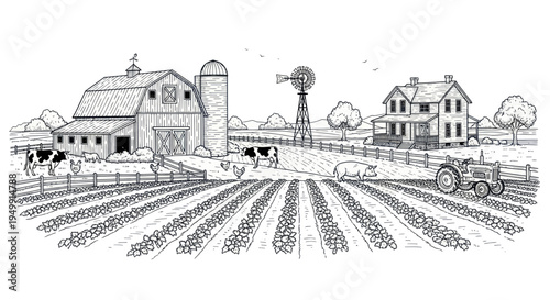 Rustic Farm Scene Illustration with Barn, Farmhouse, Tractor, and Livestock