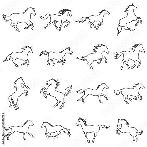 Running Horses icon Chinese Calligraphy design. Collection of black horse silhouettes in dynamic poses, ideal for logos, branding, tattoos, and equestrian or western themed designs.