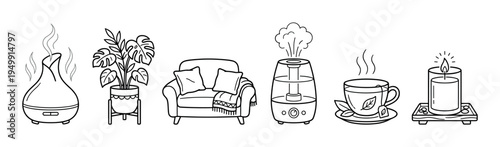 Set of cozy home comfort icons featuring an aroma diffuser, potted plant, armchair, humidifier, tea, and candle in a simple black and white line art doodle style for relaxation concepts