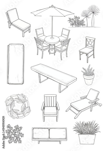 Minimalist line art isometric vector icons of outdoor patio furniture, including a dining table, chairs, and a sun umbrella for landscape design.