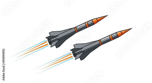 Two missiles soaring through the air with fiery trails.