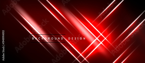 Red neon lines intersect dark background. Modern design creates dynamic visual effect. Bright illumination emphasizes geometric shapes.