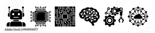 Black artificial intelligence and technology icon set featuring a robot, CPU, circuit board, neural network brain, and automation symbols in a minimalist flat vector style graphic