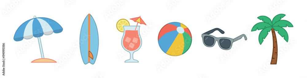 Obraz premium Colorful collection of summer vacation objects featuring a beach umbrella, surfboard, tropical drink, ball, sunglasses, and palm tree in a fun, flat cartoon illustration style