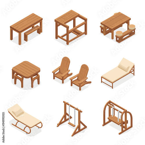 Collection of isometric flat vector icons showcasing outdoor patio furniture, wooden lounge chairs, tables, and umbrellas for luxury resort backyard designs.