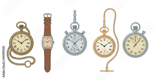 Collection of vintage watches and stopwatches including classic pocket watches with chains and a retro wristwatch with a leather strap in a detailed illustrated style