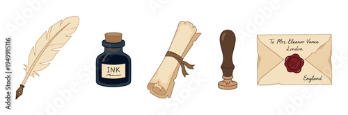 Set of vintage writing tools including a quill pen, ink bottle, parchment scroll, wax stamp, and a sealed envelope with a handwritten address in a charming illustrated style