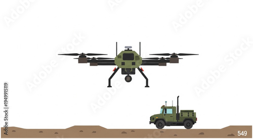 Military Drone and Vehicle Illustration in Desert Environment.