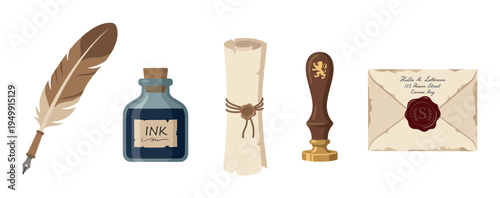 Vintage writing and correspondence set with a feather quill pen, ink bottle, parchment scroll, wax seal stamp, and a sealed envelope in a flat illustration style