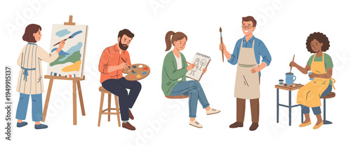 Diverse group of cartoon people artists painting on canvas, drawing in a sketchbook, and mixing colors with brushes and palettes during a creative art class or workshop