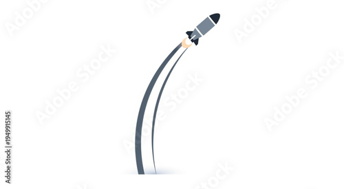 Rocket Launching with Smoke Trail on White Background.