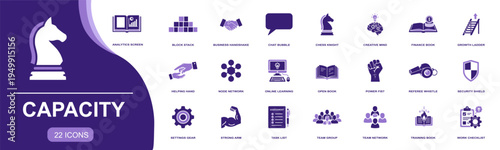 Capacity icon set. Containing analytics, teamwork, growth, learning, training, assessment, leadership, network, strategy, business strength and more. Solid fill vector icons collection.