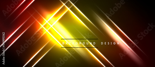 Abstract neon lines create dynamic, glowing geometric shapes over dark background. Bright yellow dominates central area.