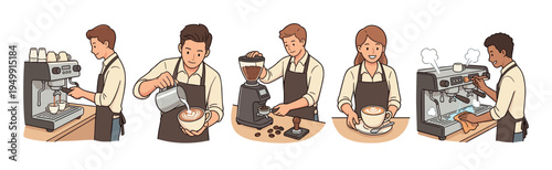 Barista characters making coffee in a step-by-step illustrated guide showing grinding beans, brewing espresso, pouring latte art, serving, and cleaning the machine