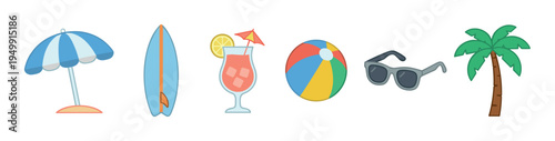 Colorful collection of summer vacation objects featuring a beach umbrella, surfboard, tropical drink, ball, sunglasses, and palm tree in a fun, flat cartoon illustration style