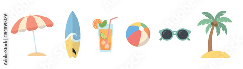 Set of colorful summer beach holiday icons featuring a sun umbrella, surfboard, tropical drink, ball, sunglasses, and a palm tree, presented in a simple flat design style