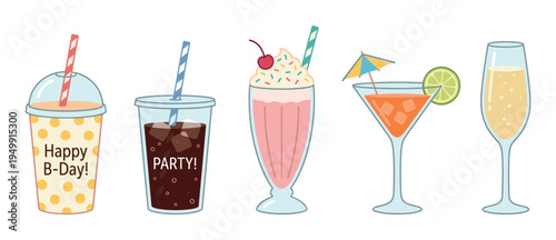 Collection of colorful illustrated party drinks including a cocktail, milkshake, soda, and champagne for a festive birthday celebration, drawn in a simple flat vector art style
