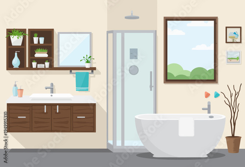 Flat vector illustration of a clean modern bathroom interior featuring a classic bathtub, a white vanity sink, and a large mirror for home decor concepts.