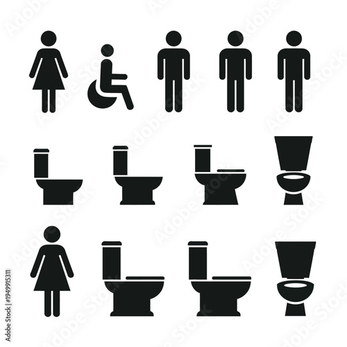 Versatile collection of black and white restroom sign icons featuring male, female, and wheelchair accessible symbols for public facilities and wayfinding.
