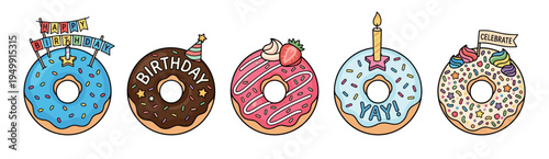 Set of five colorful illustrated donuts decorated for a birthday party with sprinkles, candles, flags, and festive text in a cute, hand-drawn cartoon doodle style