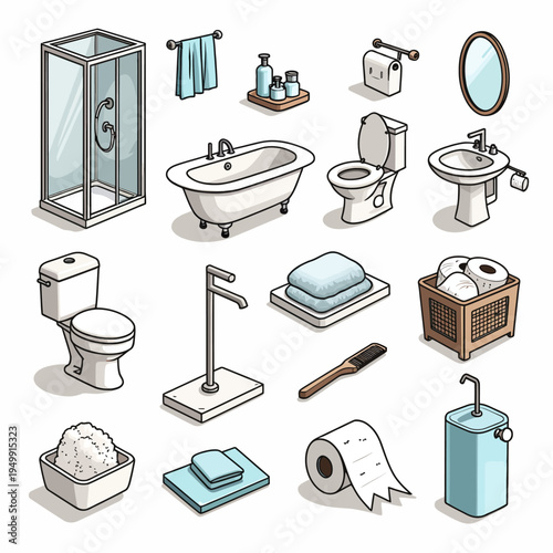 Comprehensive set of isometric vector icons featuring modern bathroom furniture, plumbing fixtures, and sanitary accessories for interior design concepts.