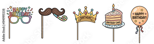 Collection of colorful birthday photo booth props on sticks including glasses, a mustache, crown, cake, and balloon in a fun, hand-drawn cartoon illustration style for a celebration